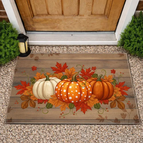 Three Plump Autumn Pumpkins Scattered Fall Foliage Wood - Rustic Farmhouse Home Decor Doormat
