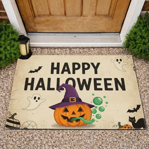 Happy Halloween Jack-O'-Lantern Witch Hat Ghost Bats - Farmhouse Halloween Decor Doormat