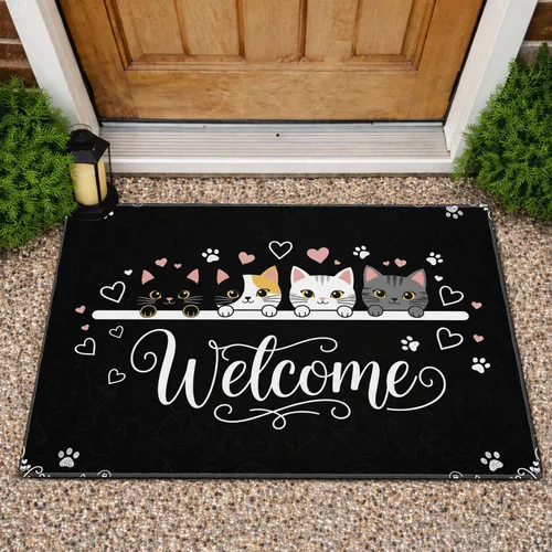 Four Peeking Cats Welcome Script - Home Decor Gift for Cat Lovers Doormat