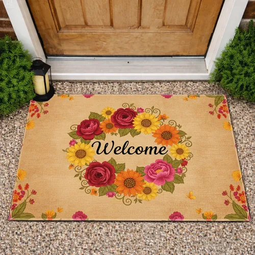 Welcome Multi-Colored Flowers Leaves Butterfly - Home Decor Gift for Host Doormat