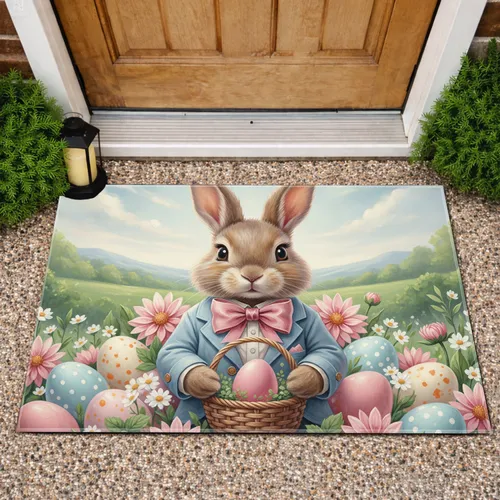 Fluffy Easter Bunny Pastel Eggs Spring Blooms - Easter Holiday Gift Doormat