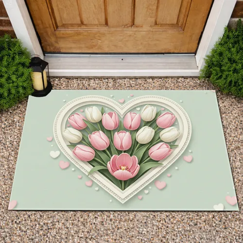 Soft Pink Creamy White Tulip Heart Frame Scattered Hearts - Everyday Home Decor Gift Doormat
