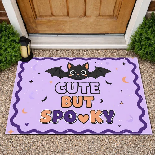 Black Cartoon Bat Cute But Spooky Stars Moons Hearts Border - Halloween Party Gift Doormat