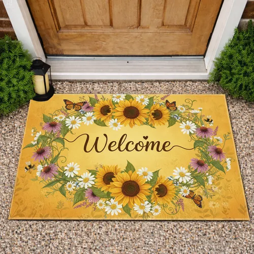 Welcome Sunflowers Daisies Butterflies - Farmhouse Home Decor Gift for Garden Lover Doormat