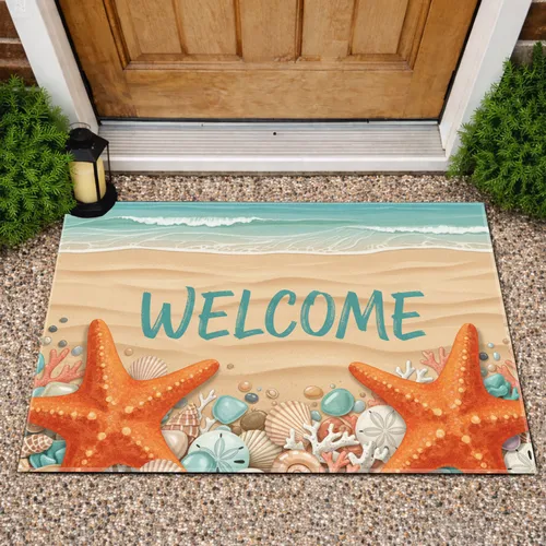 WELCOME Script Starfish Seashells Coastal Beach Home Decor Gift Doormat