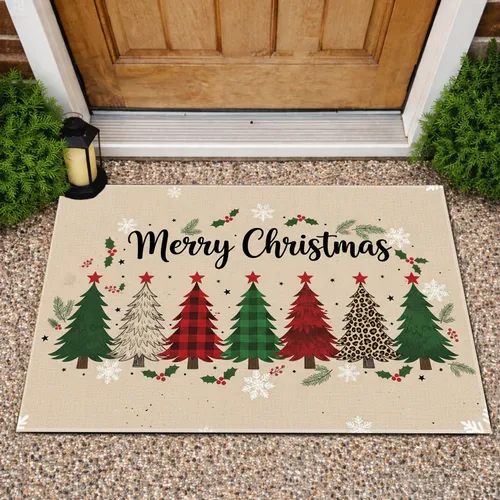 Merry Christmas Script Christmas Tree - Farmhouse Holiday Decor Doormat