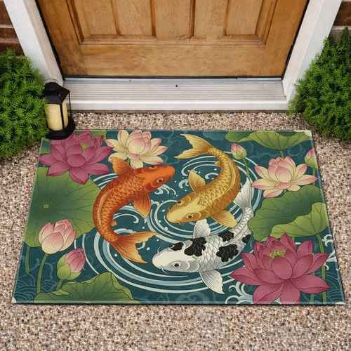 Dynamic Koi Fish Lotus Blooms Lily Pad Swirling Water Cloud Motifs - Home Decor Gift Doormat
