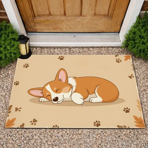 Sleeping Corgi Dog Autumn Leaves Paw Prints - Home Decor Gift for Dog Lovers Doormat