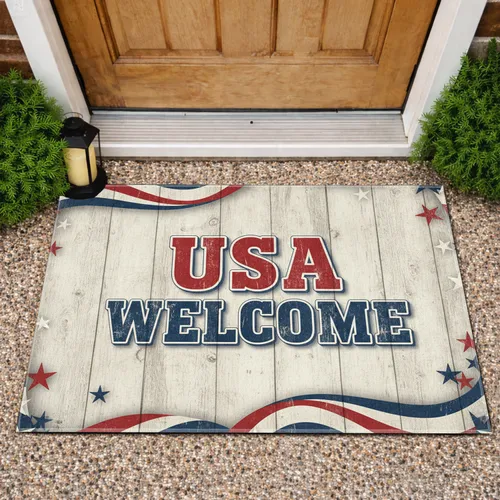 Distressed USA Welcome Stars Stripes - Independence Day Gift for Veterans Doormat