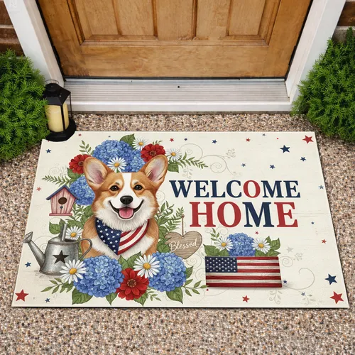 Patriotic Corgi Welcome Home Farmhouse Garden - Home Decor Gift for Corgi Lover Doormat