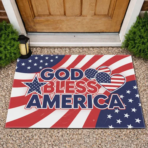 God Bless America American Flag Stars Hearts - Independence Day Home Decor Doormat