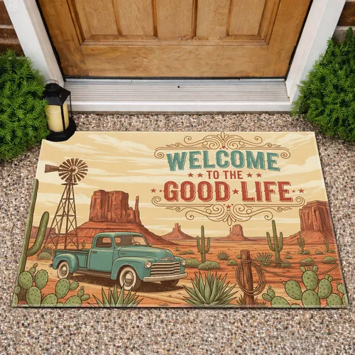 Southwest Welcome Good Life Pickup Truck Desert Home Decor Gift Doormat