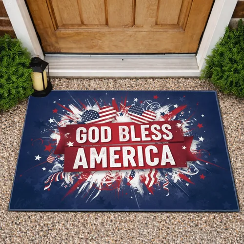 God Bless America American Flag Hearts - Independence Day Gift for Veterans Doormat