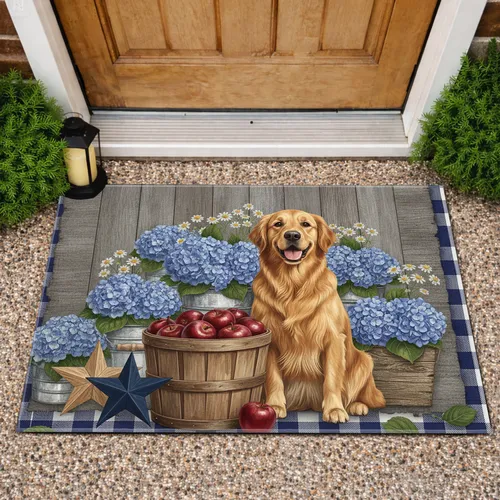 Golden Retriever Dog Apples Bushel Stars - Farmhouse Americana Decor Gift Doormat