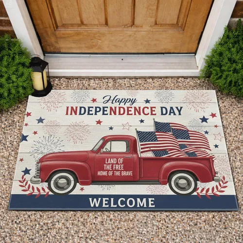 Vintage Red Pickup Truck American Flag Fireworks - Independence Day Gift for Veterans Doormat