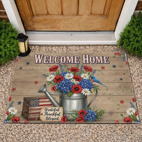 Rustic Watering Can WELCOME HOME Wildflower Flag Stars - Independence Day Gift Doormat