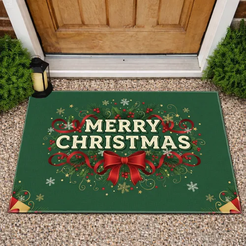 Merry Christmas Ribbon Bow Holly Pine Snowflakes - Holiday Home Decor Doormat