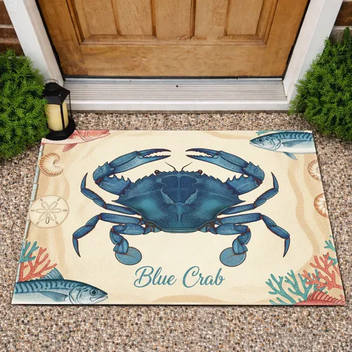 Blue Crab Marine Life Red Snapper Sand Dollar Shells Ocean Coral - Coastal Home Decor Gift Doormat