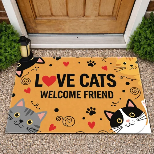 LOVE CATS Welcome Friend Tabby Tuxedo Cats Hearts - Cat Lover Home Decor Gift Doormat