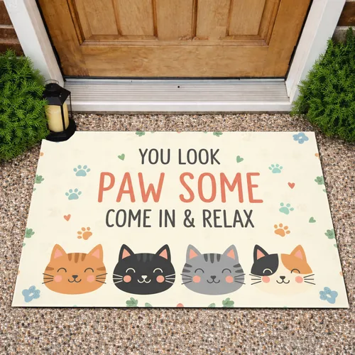 Smiling Cartoon Cat Faces Paw Prints YOU LOOK PAW SOME Text - Home Decor Gift for Cat Lover Doormat