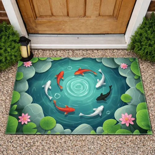 Koi Pond Fish Water Lilies River Stones - Home Decor Gift for Garden Lover Doormat