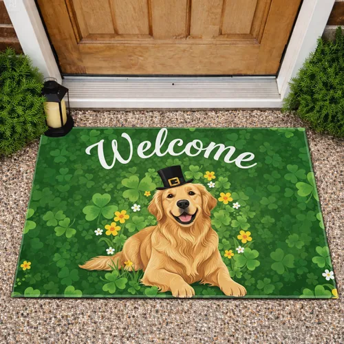 Golden Retriever Leprechaun Hat Welcome Clovers - St. Patrick's Day Gift Doormat