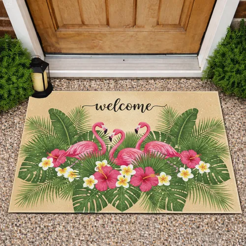 Pink Flamingos Tropical Hibiscus Frangipani Plumeria Welcome - Beach Home Decor Gift Doormat