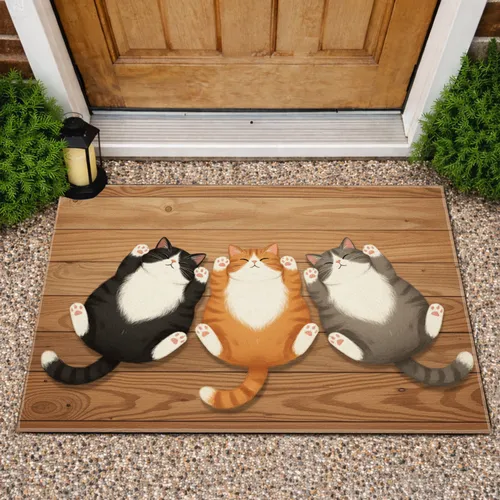 Three Plump Sleepy Cats on Rustic Wood Floor Accent - Home Decor Gift for Cat Lover Doormat
