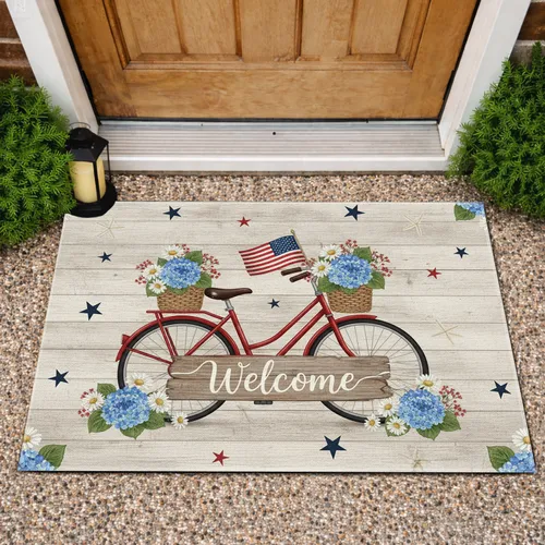 Vintage Welcome Bicycle American Flag - Independence Day Home Decor Doormat