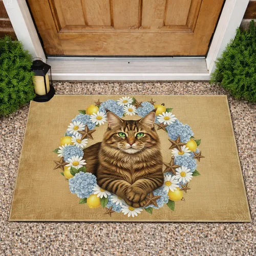Maine Coon Cat Daisies Hydrangeas Lemons Stars - Home Decor Gift for Cat Lover Doormat