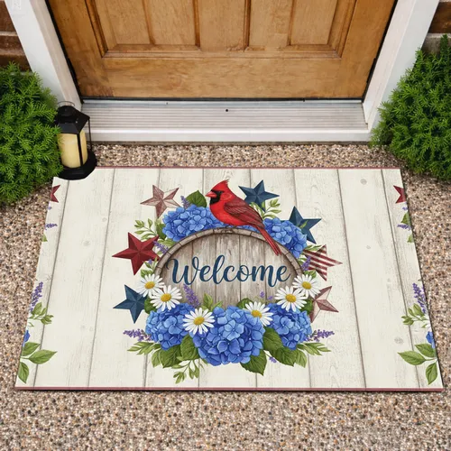 Rustic Welcome Sign Red Cardinal Stars - Farmhouse Patriotic Decor Gift Doormat