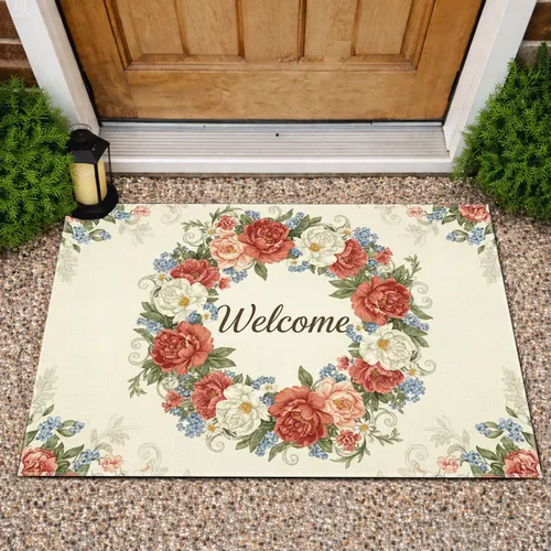Welcome Script Vintage Peonies Daisies Wreath Botanical - Home Decor Gift Doormat