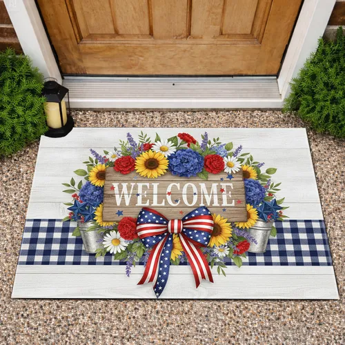 WELCOME Sign American Flag Bow Patriotic Floral - Farmhouse Decor Gift Doormat