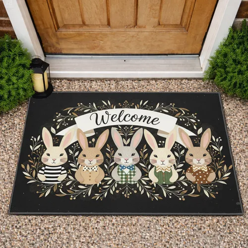 Five Rabbits Patterned Shirts Welcome Banner Botanical - Farmhouse Home Decor Doormat
