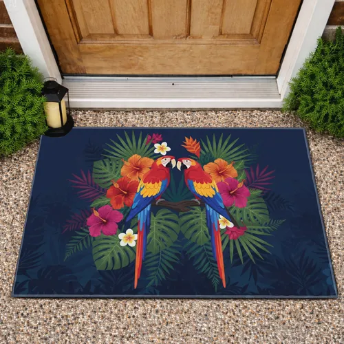 Red Macaws Tropical Jungle Hibiscus - Wildlife Lover Home Decor Doormat