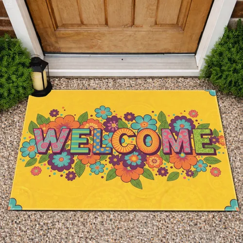 WELCOME Folk Art Flowers Leaves Dots - Home Decor Gift Doormat