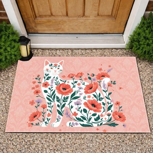 White Cat with Poppies Blossoms and Green Foliage - Home Decor Gift for Cat Lover Doormat