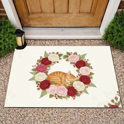 Sleeping Orange Tabby Cat Rose Wreath - Home Decor Gift for Cat Lover Doormat