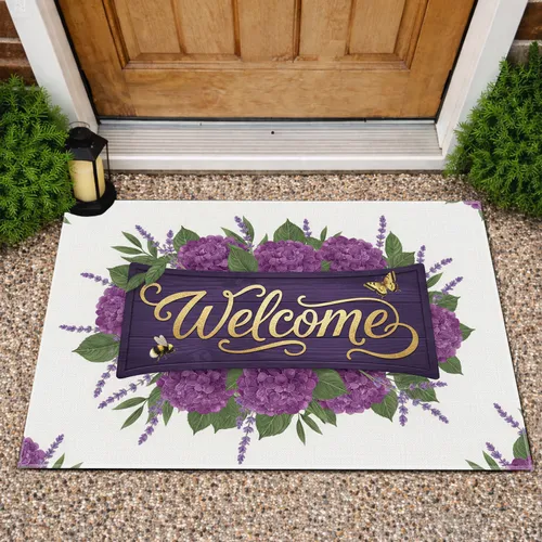 Welcome Sign Hydrangea Lavender Butterfly Bee - Farmhouse Home Decor Gift Doormat