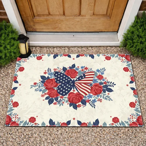Butterfly American Flag Red Roses Blue Foliage - Independence Day Gift for Veterans Doormat