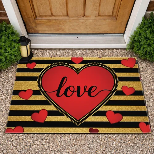 Red Love Heart Smaller Hearts Glitter Gold Striped Home Decoration Gift for Couples Doormat