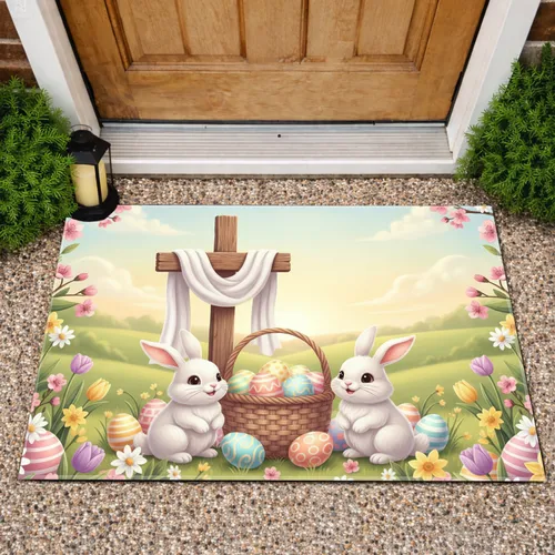 Cartoon Bunnies Easter Basket Cross Spring - Easter Holiday Gift Doormat