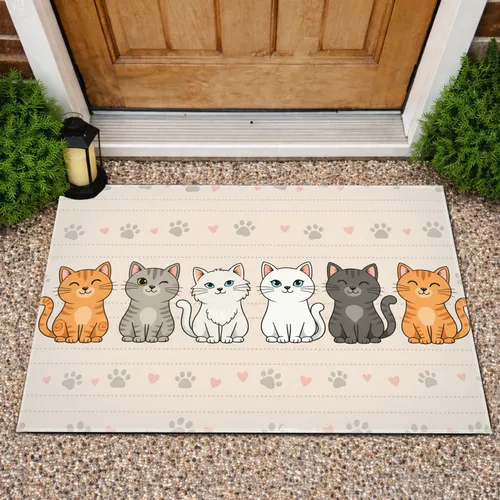 Six Friendly Cartoon Cats Side-by-Side with Paw Prints Hearts - Home Decor Gift for Cat Lovers Doormat