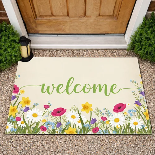 Green Welcome Script Daisies Daffodils Poppies - Spring Home Decor Gift Doormat