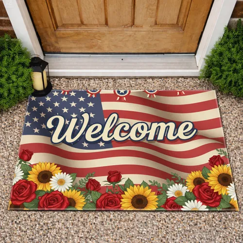 Welcome American Flag Rosette Floral - Independence Day Home Decor Doormat