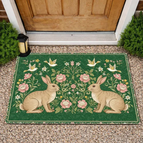 Rabbits Blossoms Birds Botanical Scrollwork - Garden Lover Home Decor Gift Doormat
