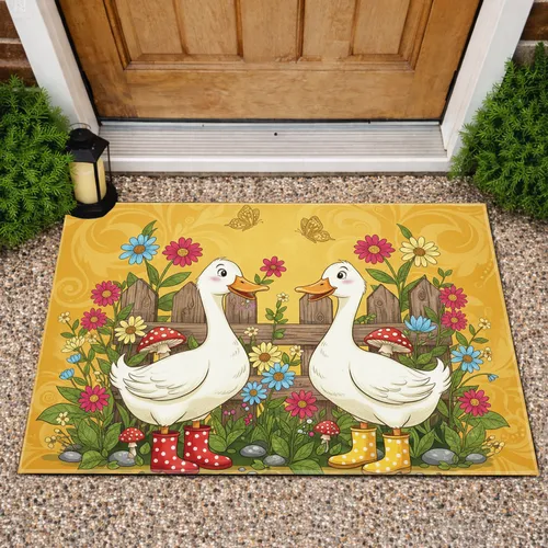 Cheerful White Ducks Wildflower Garden - Everyday Home Decor Gift for Duck Lovers Doormat