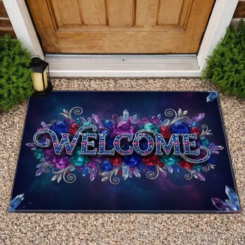 WELCOME Faceted Gemstone Metallic Lettering Cosmic Glow - Home Decor Gift Doormat