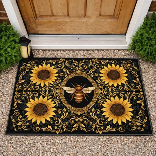 Ornate Gold Honeybee Sunflowers Scrollwork - Home Decor Gift for Nature Lover Doormat