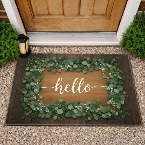 Hello Script Botanical Garlands Rustic Wood - Entryway Home Decor Gift Doormat